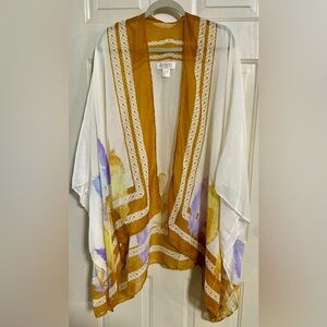 NWOT Sheer white Shawl with Watercolor Feather theme - women’s One Size Fits All